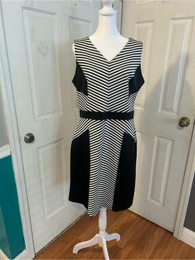 Sami & Jo Black and White Striped V-Neck Midi Dress